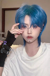 Blue/Green Gradient Natural Short Hair Medium Haircut Ouji Wig